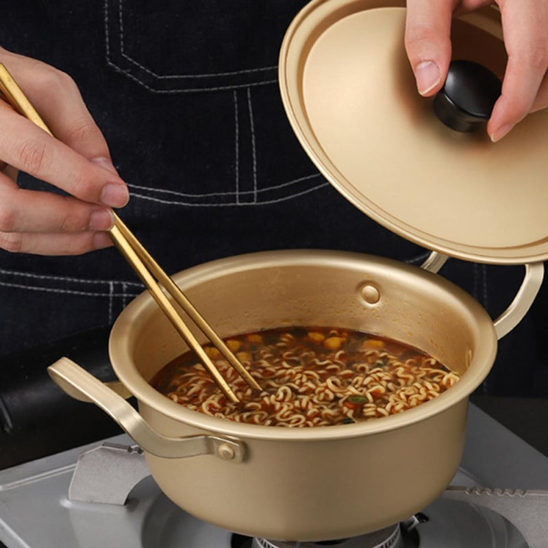 ABOOFAN Korean Style 16cm Yellow Aluminum Ramen Pot with Lid and Dual Handles, Instant Noodle Cooking Saucepan for Small Meals and Travel - Image 5