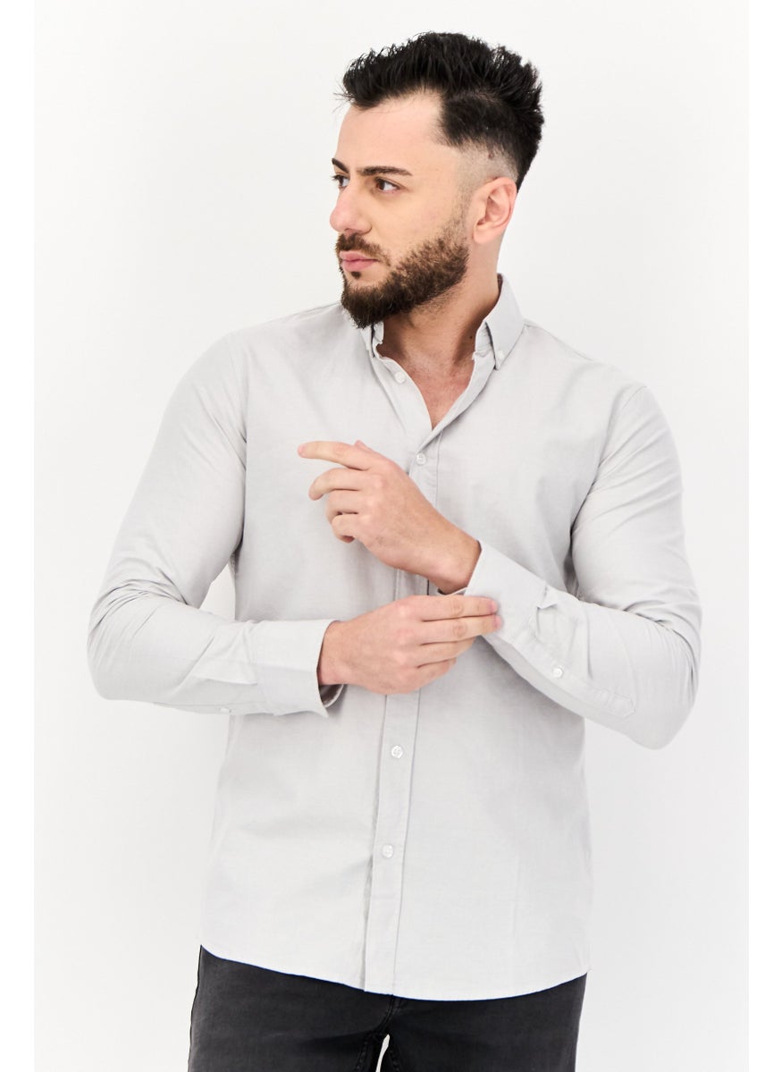 Algspar Men Regular Fit Long Sleeves Plain Casual Shirt, Grey  - Image 1