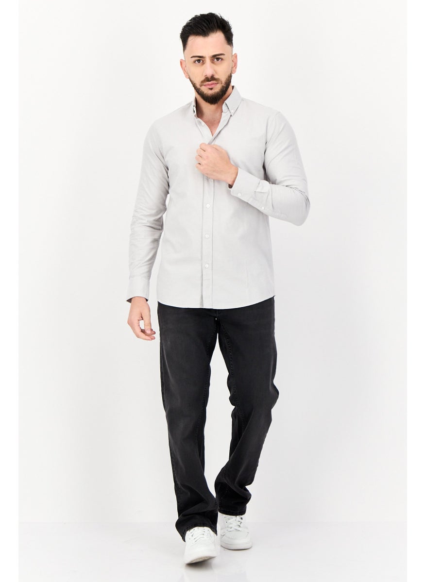 Algspar Men Regular Fit Long Sleeves Plain Casual Shirt, Grey  - Image 4