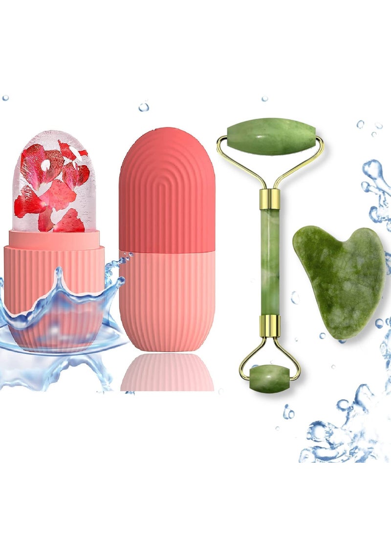 Meliora Face Stone Jade Massager with Gua Sha Stone and Ice Roller Set Facial Roller 100 Natural Stone Jade Roller for Skin Eye Neck Body Ice Cube Roller Women Men Beauty Silicone Reusable  - Image 1