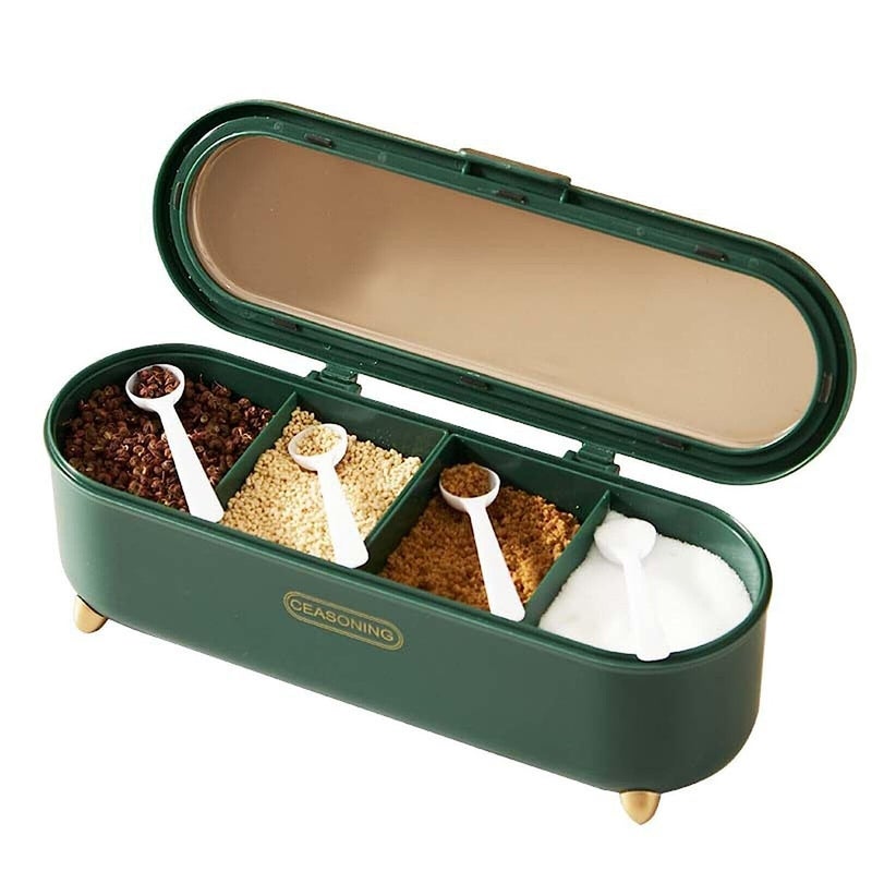 Kamini Enterprise Kamini Enterprise 4 Compartments Seasoning Box With Lid Seasoning Storage Box Container Seasoning Box with Cover and Serving Spoons Kitchen Condiment Jars Plastic Seasoning Box1psMulticolour  - Image 2