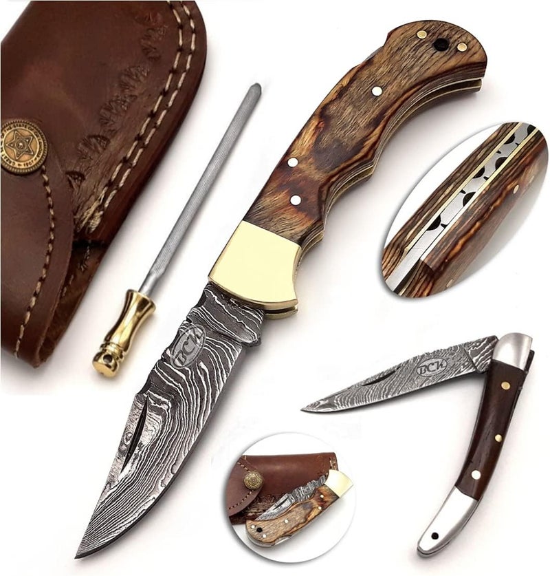 BCK Pocket Knife 4 Pcs Set 6.5" Handmade Damascus Folding Knife Back lock knife Damascus Hunting Knife with Sheath Damascus Pocket Knife for men 100% Prime Quality camping Knife (Brown Wood) - Image 1