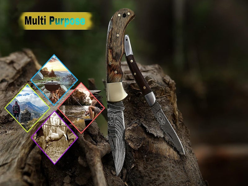 BCK Pocket Knife 4 Pcs Set 6.5" Handmade Damascus Folding Knife Back lock knife Damascus Hunting Knife with Sheath Damascus Pocket Knife for men 100% Prime Quality camping Knife (Brown Wood) - Image 2