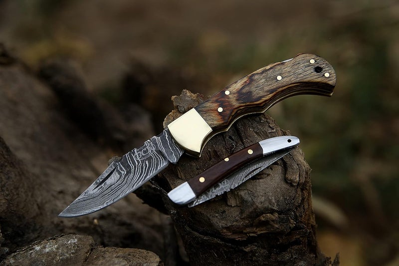 BCK Pocket Knife 4 Pcs Set 6.5" Handmade Damascus Folding Knife Back lock knife Damascus Hunting Knife with Sheath Damascus Pocket Knife for men 100% Prime Quality camping Knife (Brown Wood) - Image 4