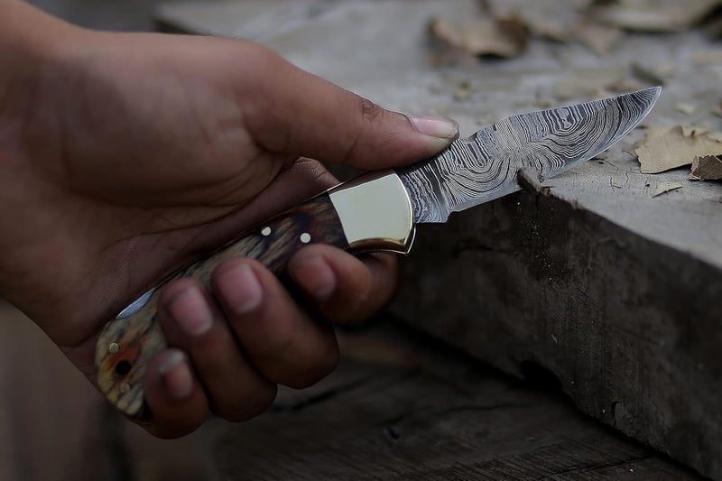 BCK Pocket Knife 4 Pcs Set 6.5" Handmade Damascus Folding Knife Back lock knife Damascus Hunting Knife with Sheath Damascus Pocket Knife for men 100% Prime Quality camping Knife (Brown Wood) - Image 5