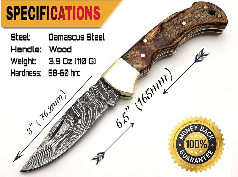 BCK Pocket Knife 4 Pcs Set 6.5" Handmade Damascus Folding Knife Back lock knife Damascus Hunting Knife with Sheath Damascus Pocket Knife for men 100% Prime Quality camping Knife (Brown Wood) - Image 3