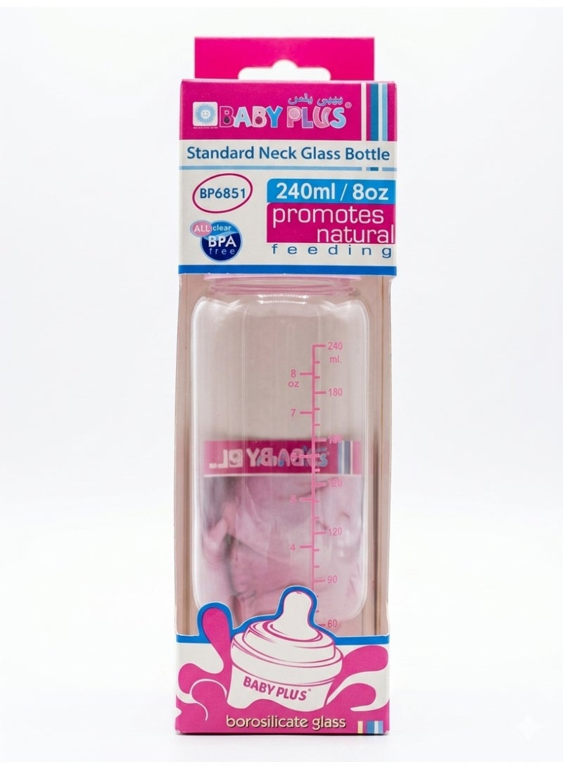 Baby Plus Standard Neck Glass Feeding Bottle with Anti-Colic Teat, 240ml - Image 1