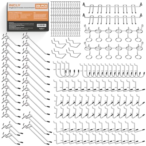 INCLY Pegboard Hooks Set for Hanging Tools, 206PCS Heavy Duty Peg Hook Hanger & Holder Fit 1/4 1/8 Inch Pegboard for Craft Assortment Garage Organizer Bins Attachment Peg Board Accessories - Image 1