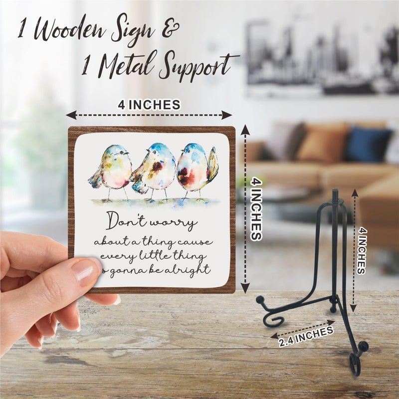 Tabyon 4"" Wooden Sign With A Support - Don'T Worry About A Thing Cause Every Little Thing Gonna Be Alright - Watercolor Adorable Birds  Positive Quotes Desk Decor  Uplifting Gifts  Home Decorations & Gifts - Image 2