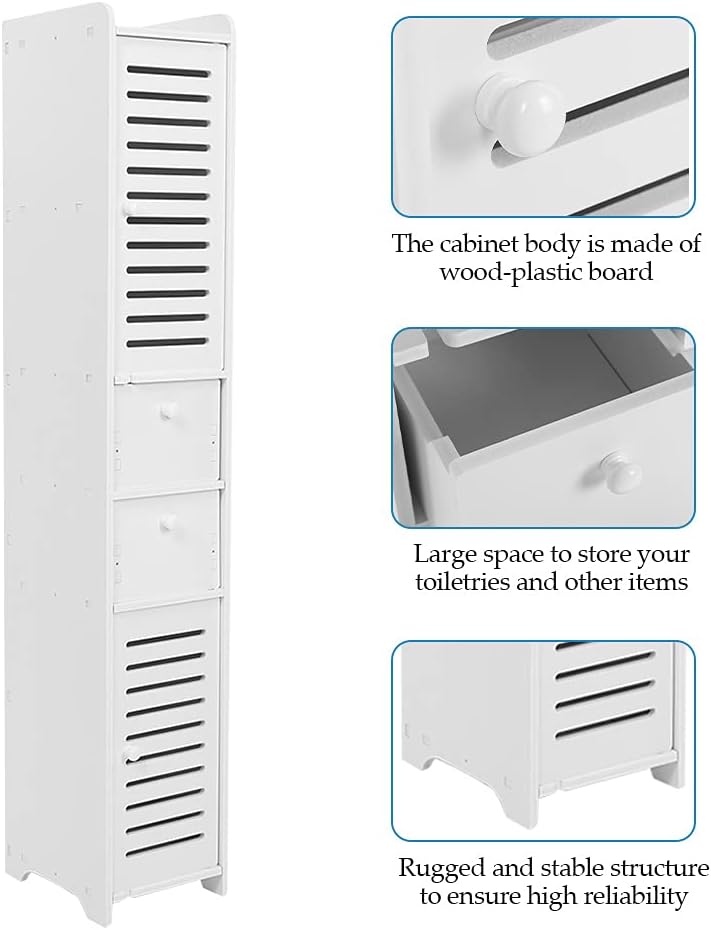كلاراكو خزانة تخزين طويلة من كلاركو، خزانة أرضية حمام قائمة بذاتها، خزانة خشبية بيضاء موفرة للمساحة، منظم خزانة مع باب مصراع ودرج لغرفة المعيشة وغرفة النوم - Image 4