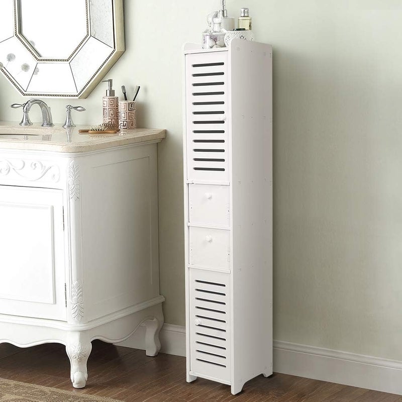 كلاراكو خزانة تخزين طويلة من كلاركو، خزانة أرضية حمام قائمة بذاتها، خزانة خشبية بيضاء موفرة للمساحة، منظم خزانة مع باب مصراع ودرج لغرفة المعيشة وغرفة النوم - Image 2
