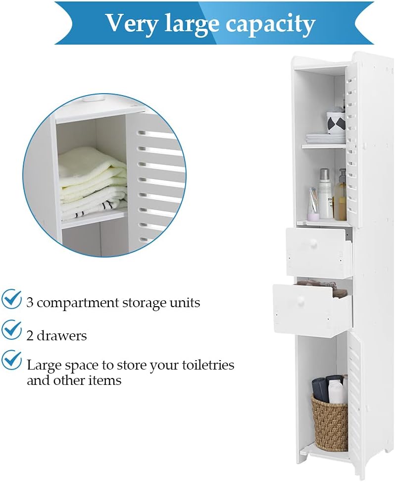 كلاراكو خزانة تخزين طويلة من كلاركو، خزانة أرضية حمام قائمة بذاتها، خزانة خشبية بيضاء موفرة للمساحة، منظم خزانة مع باب مصراع ودرج لغرفة المعيشة وغرفة النوم - Image 3