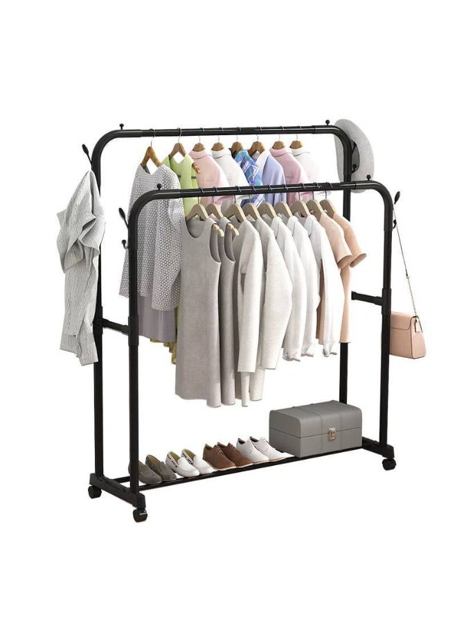 استاند ملابس "فرنساوي" زوجي 3 في 1 (شماعة مزدوجة + رف + هوكات)، معدن فورفورجيه يتحمل 48 كيلو