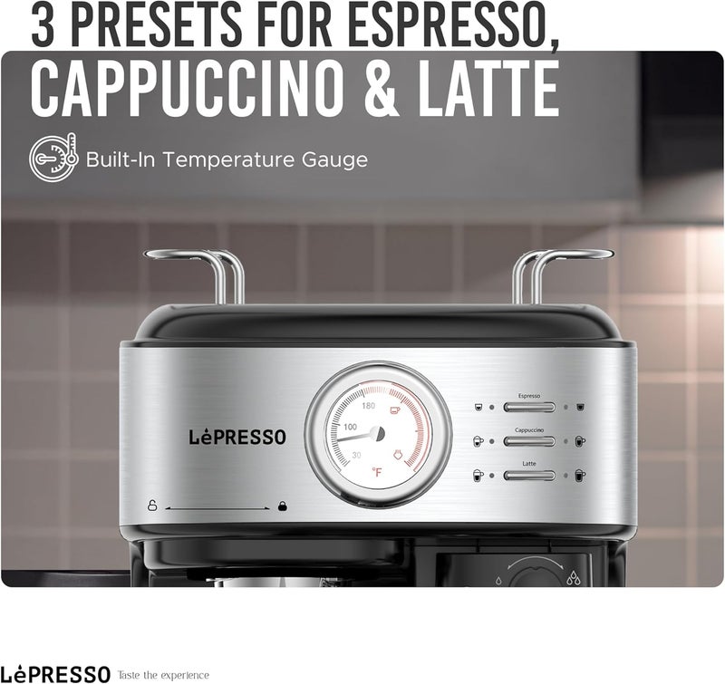 ليبرسو آلة القهوة شبه الأوتوماتيكية LePresso بقوة 20 بار، صانعة القهوة المطحونة والكبسولات، مدفأة الأكواب، آلة إسبرسو مع رغوة الحليب، سعة 1.7 لتر ماء/500 مل حليب، صانعة اللاتيه والكابتشينو والأمريكانو - Image 5