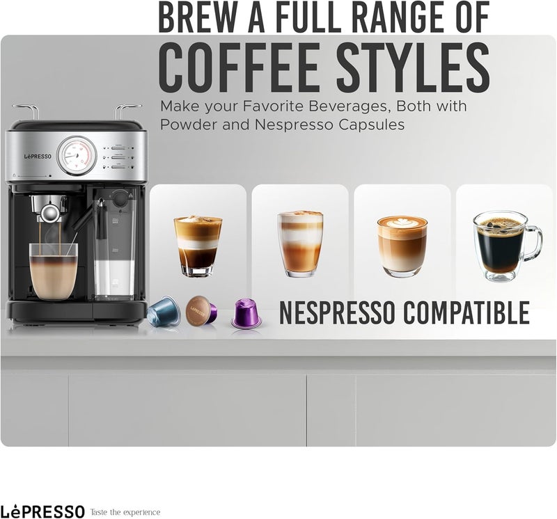 ليبرسو آلة القهوة شبه الأوتوماتيكية LePresso بقوة 20 بار، صانعة القهوة المطحونة والكبسولات، مدفأة الأكواب، آلة إسبرسو مع رغوة الحليب، سعة 1.7 لتر ماء/500 مل حليب، صانعة اللاتيه والكابتشينو والأمريكانو - Image 4