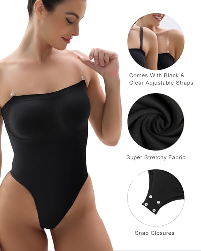 SHAPERX Strapless Bodysuit for Women Tummy Control Seamless Shapewear Thong Body Shaper with Invisible & Removable Straps,SZ5216-Black-S/M - Image 4