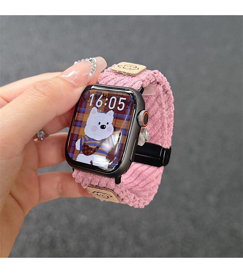 Puppy Corduroy Magnetic Buckle Apple Watch Band Khaki 38mm 40mm 41mm 42mm For Ultra SE 10 9 8 - Image 1