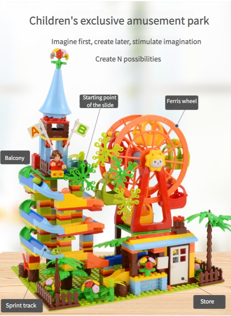 متجر الفرح - مجموعة مكعبات بناء كلاسيكية من Marble Run للأطفال من سن 6 سنوات فما فوق مكونة من 469 قطعة مع مسار سباق 5 كرات، مجموعة مكعبات STEM هدايا ألعاب للأولاد والبنات - Image 1