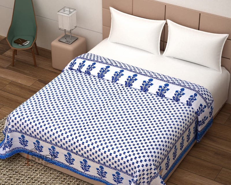 LOARSHY لحاف لوارش Pure Cotton مزخرف بالأزهار | خفيف ودافئ لحاف راجستاني جايفوري لسرير مفرد | لحاف ناعم لفصل الشتاء (أزرق، 55 × 85 بوصة، عبوة من 1) - Image 4