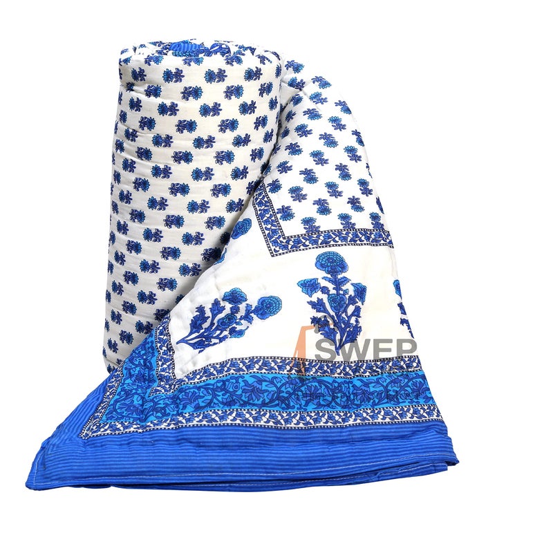 LOARSHY لحاف لوارش Pure Cotton مزخرف بالأزهار | خفيف ودافئ لحاف راجستاني جايفوري لسرير مفرد | لحاف ناعم لفصل الشتاء (أزرق، 55 × 85 بوصة، عبوة من 1) - Image 1