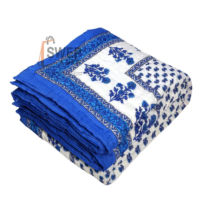 LOARSHY لحاف لوارش Pure Cotton مزخرف بالأزهار | خفيف ودافئ لحاف راجستاني جايفوري لسرير مفرد | لحاف ناعم لفصل الشتاء (أزرق، 55 × 85 بوصة، عبوة من 1) - Image 2