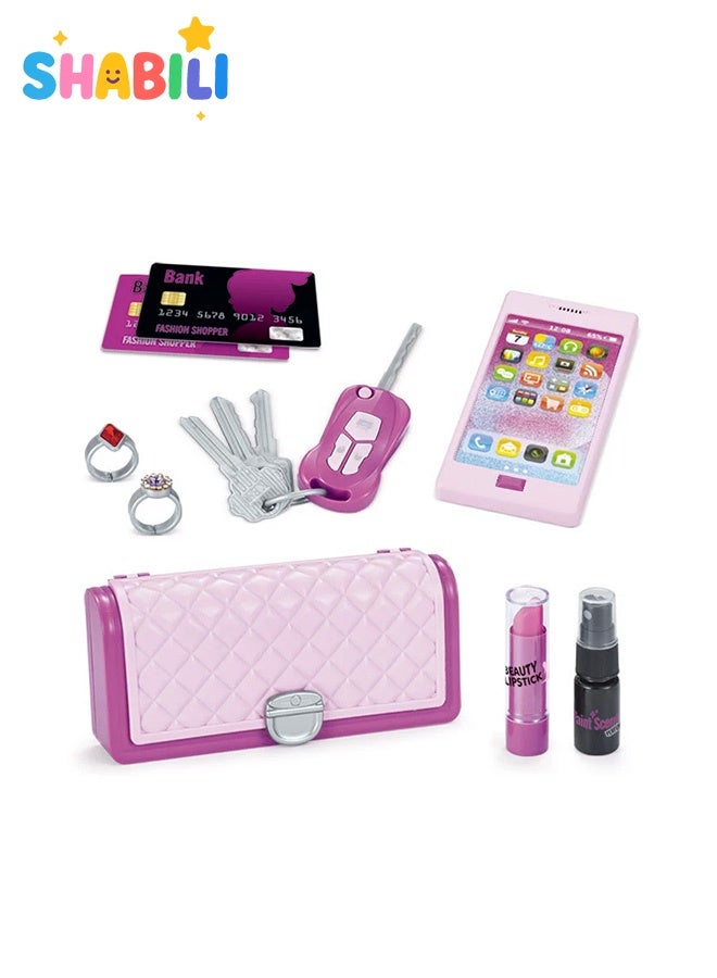 شبيلي حقيبة مكياج تمثيلية للبنات – طقم لعب 9 قطع مع أحمر شفاه وهاتف ومفاتيح – هدية للأطفال من عمر 3 سنوات - Image 1