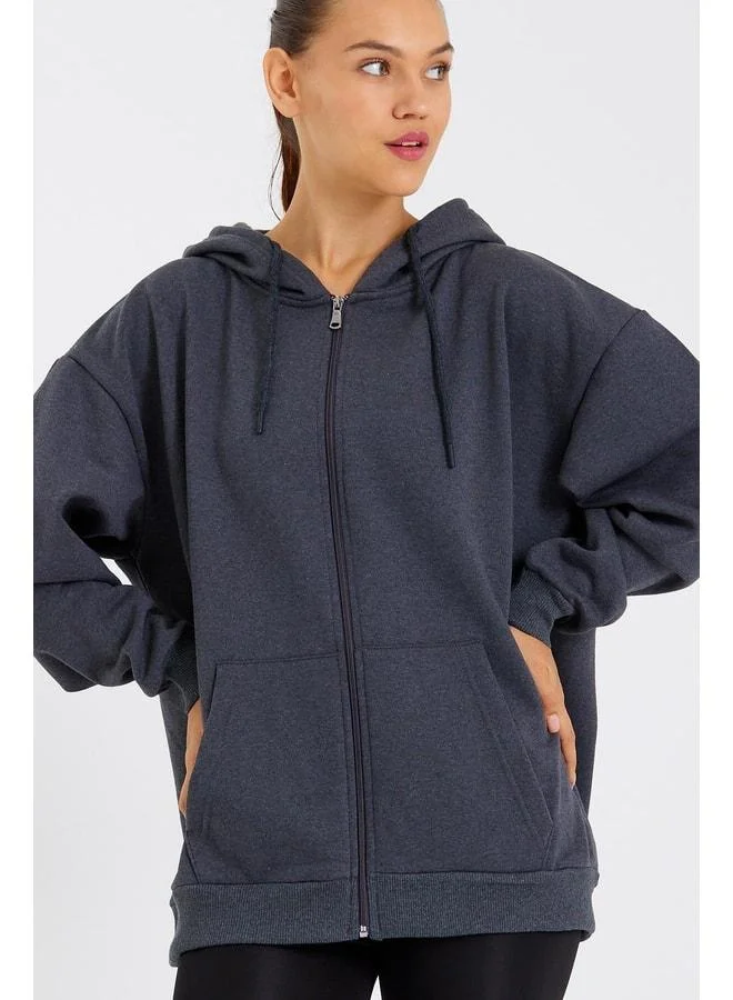 Mmetalic Anthracite Oversized Women’s Hooded Sweatshirt with Kangaroo Pockets, Zipper, and Cotton Lining.