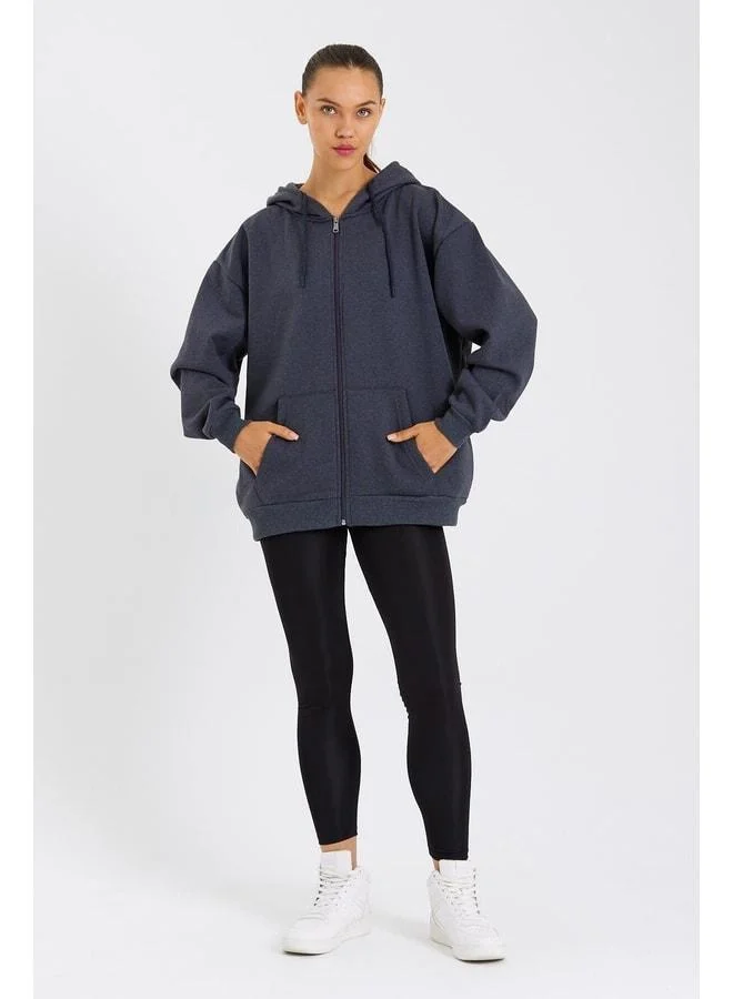 Mmetalic Anthracite Oversized Women’s Hooded Sweatshirt with Kangaroo Pockets, Zipper, and Cotton Lining.