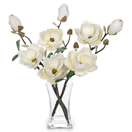 Briful Artificial Magnolia Flower Arrangement with Glass Vase, 18.5in White Faux Magnolia Flowers Fake Floral Centerpiece for Eleglant Home Office Room Table Shelf Décor - Image 1