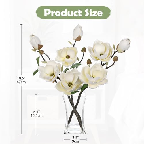 Briful Artificial Magnolia Flower Arrangement with Glass Vase, 18.5in White Faux Magnolia Flowers Fake Floral Centerpiece for Eleglant Home Office Room Table Shelf Décor - Image 2