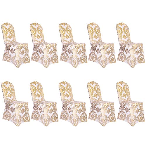 Desirable Life Pack of 10 Dining Chair Covers Bronzing Gold Flower Print Removable Washable Spandex Stretch Decorative Chair Slipcovers Set for Party Wedding Home Decorations  GoldWhite