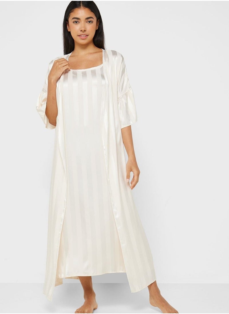 2 Piece Stripe Pyjama Set Night Robe & Dress - Image 1
