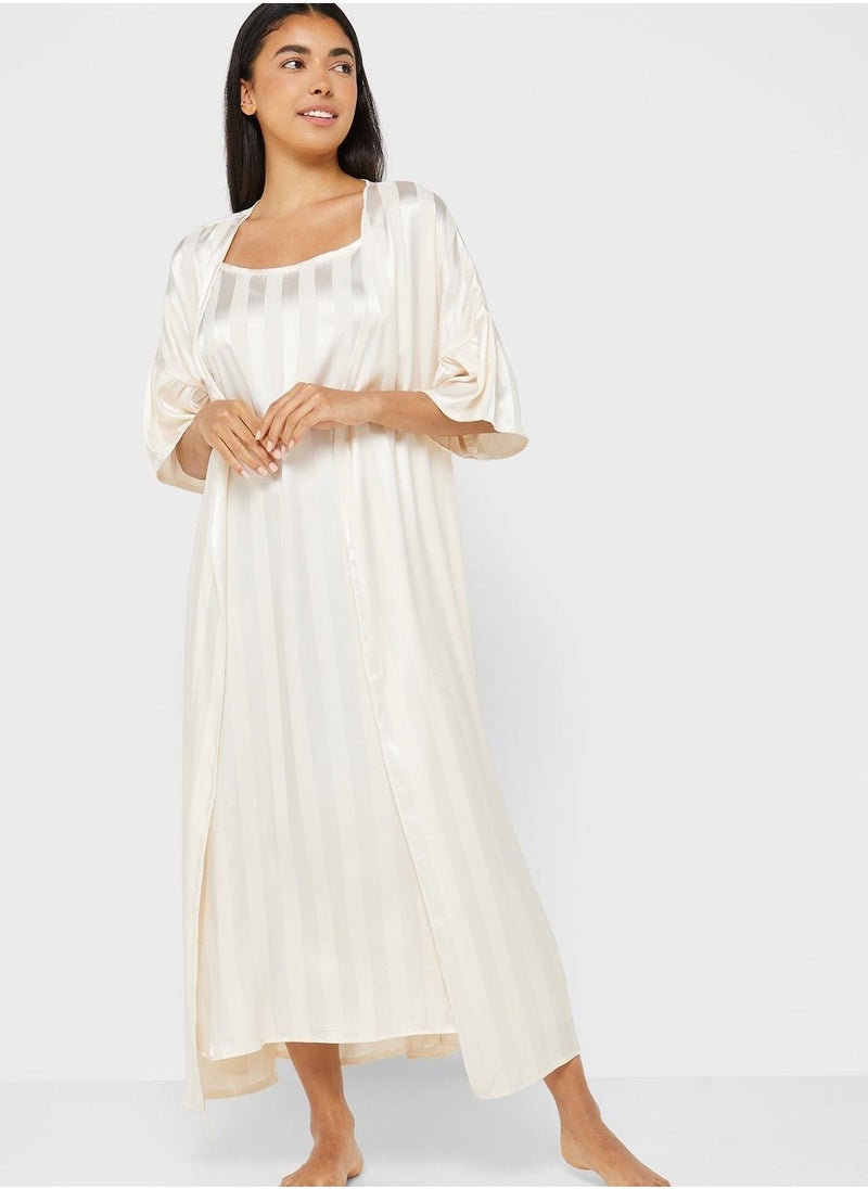 2 Piece Stripe Pyjama Set Night Robe & Dress - Image 5