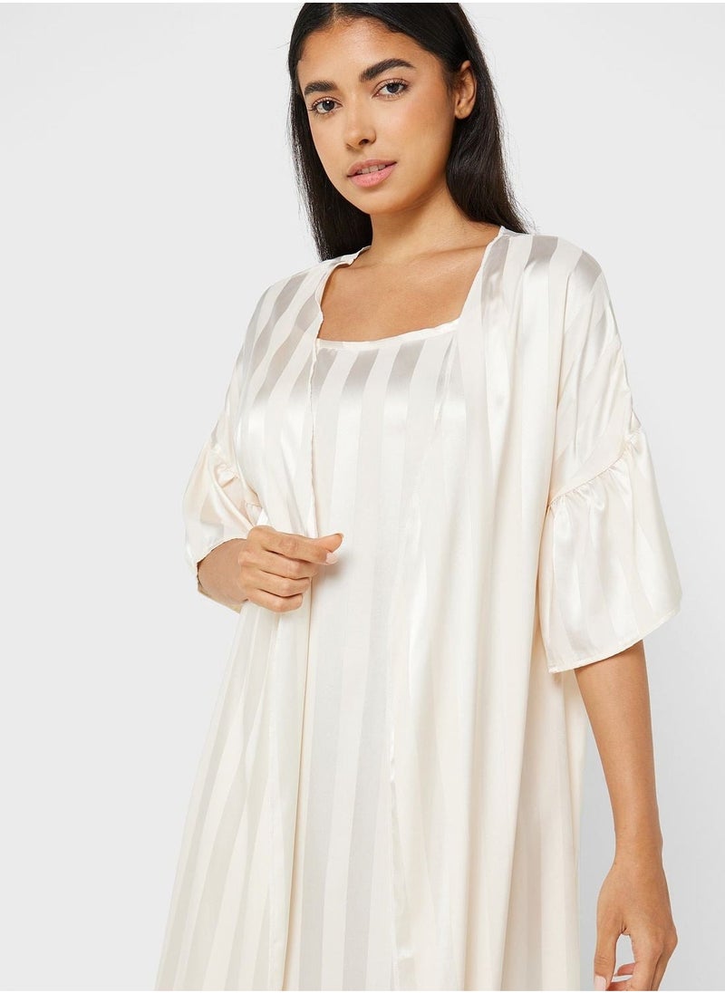 2 Piece Stripe Pyjama Set Night Robe & Dress - Image 3