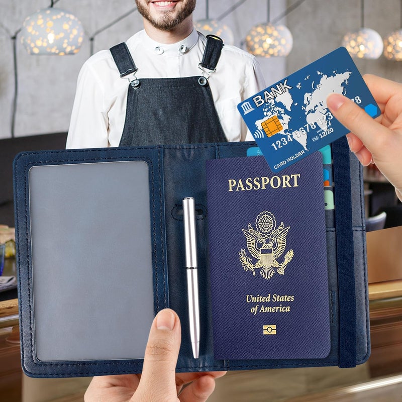 ACdream ACdream RFID BLOCKING Passport Holder Travel Wallet - Premium PU Leather Cover Passport book with Card Holder, Pen Slot, Keep Organization, and Travel Essentials for Women and Men, Navy  - Image 3