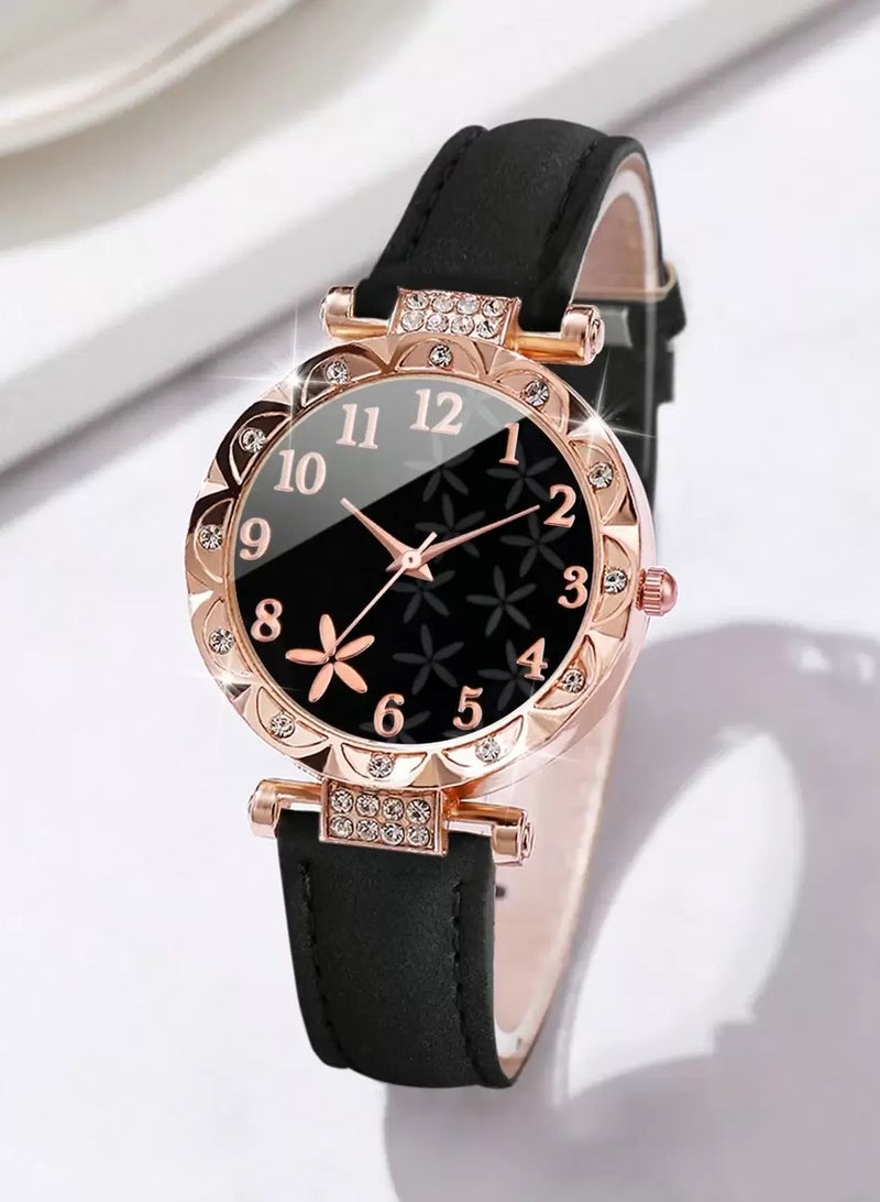 6 Pieces Set of PU Leather Strap Rhinestone Flower Bezel Quartz Watch for Girls Back to School - Image 3