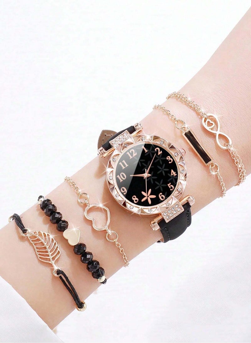 6 Pieces Set of PU Leather Strap Rhinestone Flower Bezel Quartz Watch for Girls Back to School - Image 1