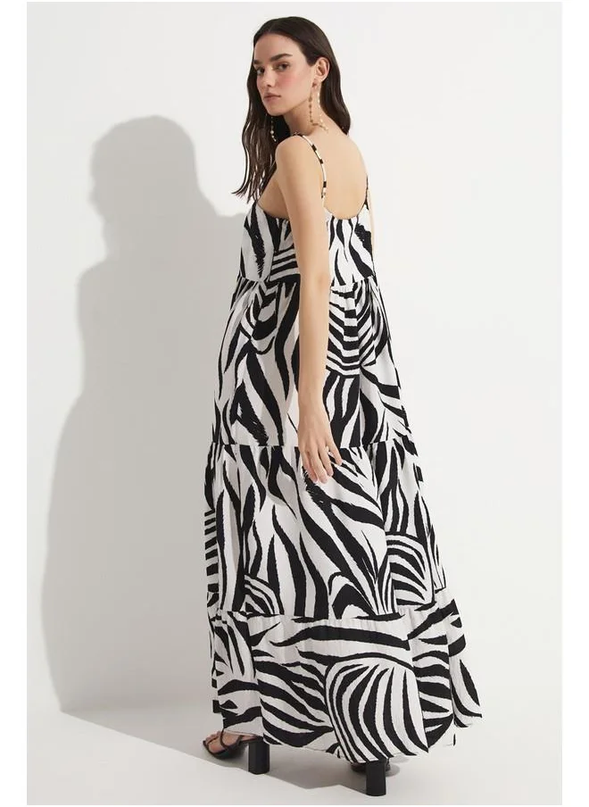 جون June Black and White Patterned Viscose Dress Black