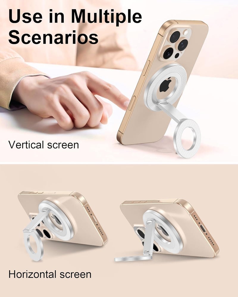 AILKIN Magnetic Phone Ring Holder with Dual-Side Magnets, 360° Rotating Stand, MagSafe Grip Ring Stand Magnetic Kickstand for iPhone 17 16 15 14 13 12, Android, Cell Phone Grip for Desk, Car, Office-Silver - Image 5