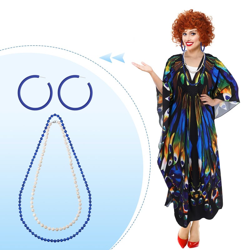 Croloose 5 Pcs Halloween Women Landlady Costume Set with Print Caftan Dress Curly Wig Bead Necklace Earring for Cosplay Party(Butterfly Style) - Image 4