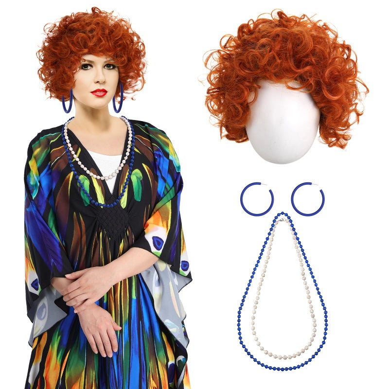 Croloose 5 Pcs Halloween Women Landlady Costume Set with Print Caftan Dress Curly Wig Bead Necklace Earring for Cosplay Party(Butterfly Style) - Image 1