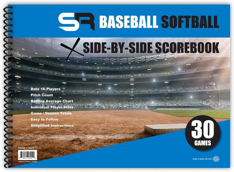 Score It Right Side By Side Baseball/Softball Scorebook – Premium Score Keeping Book – 16 Player - 30 Game Scorebook with Pitch Count, Individual Player Stats, Batting Average Chart - 11.5" x 16" - Image 1