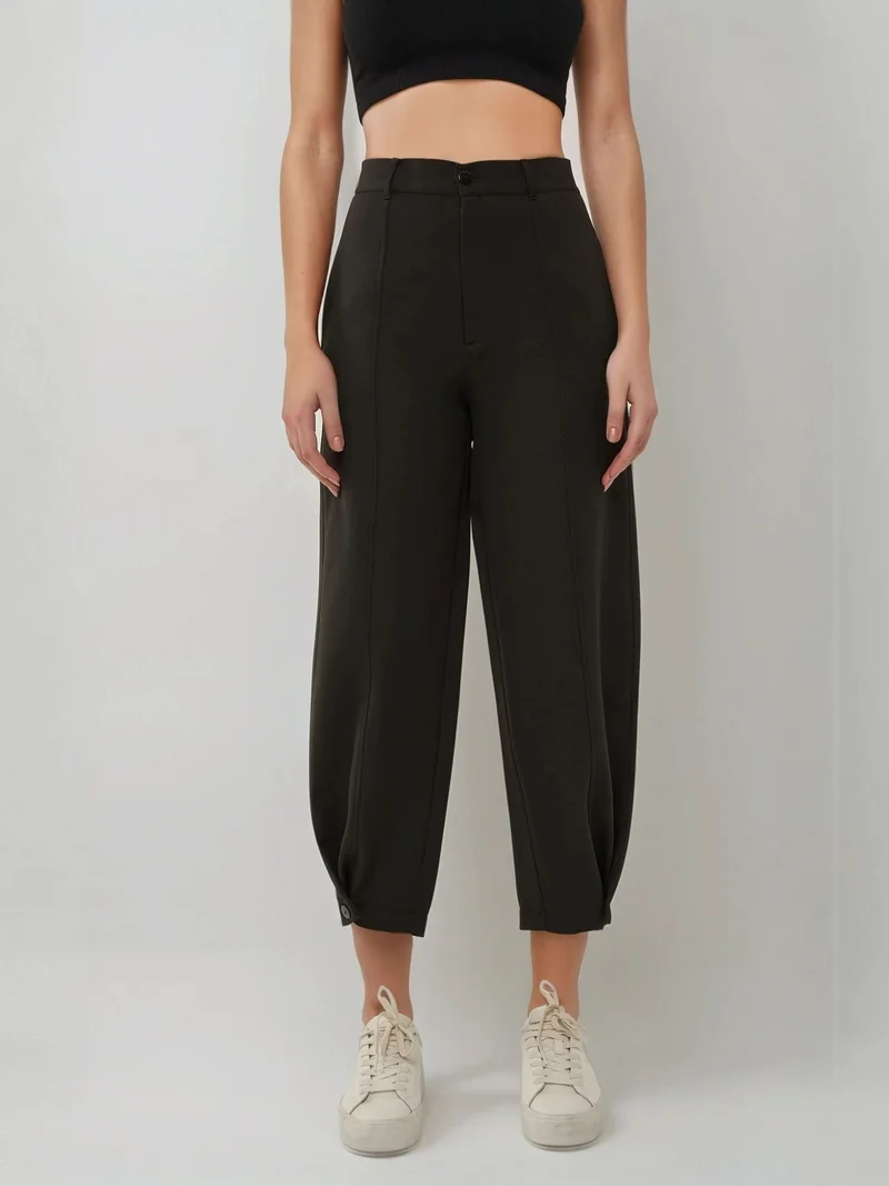 HICCUP High Waist Tapered Pants with Waist Button Detail