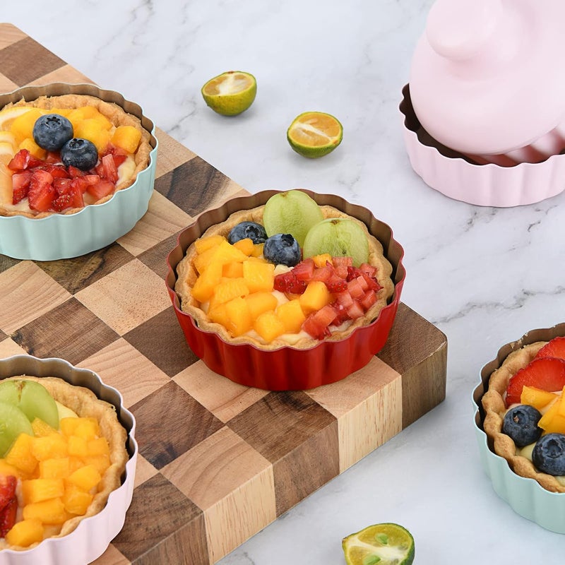 CGGYYZ Mini Round Tart Pan with Removable Bottom, Nonstick Mini Pie Pans for Baking, Carbon Steel Quiche Pan Set for Cupcake Muffin Cakes and Desserts, Including 6 Tart Pan and 1 Tart Tamper (Multicolor) - Image 3