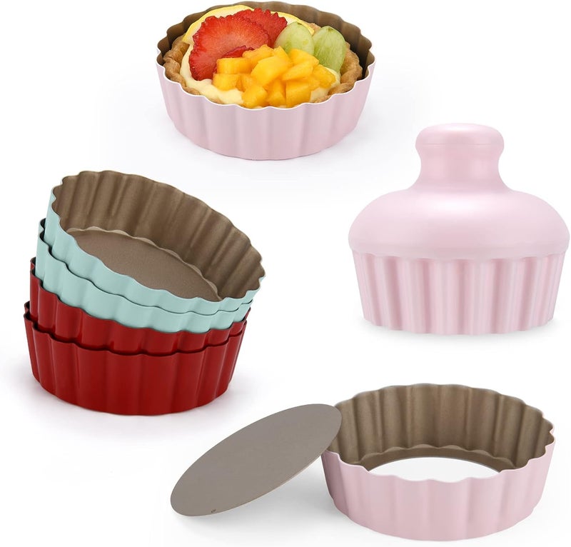 CGGYYZ Mini Round Tart Pan with Removable Bottom, Nonstick Mini Pie Pans for Baking, Carbon Steel Quiche Pan Set for Cupcake Muffin Cakes and Desserts, Including 6 Tart Pan and 1 Tart Tamper (Multicolor) - Image 2