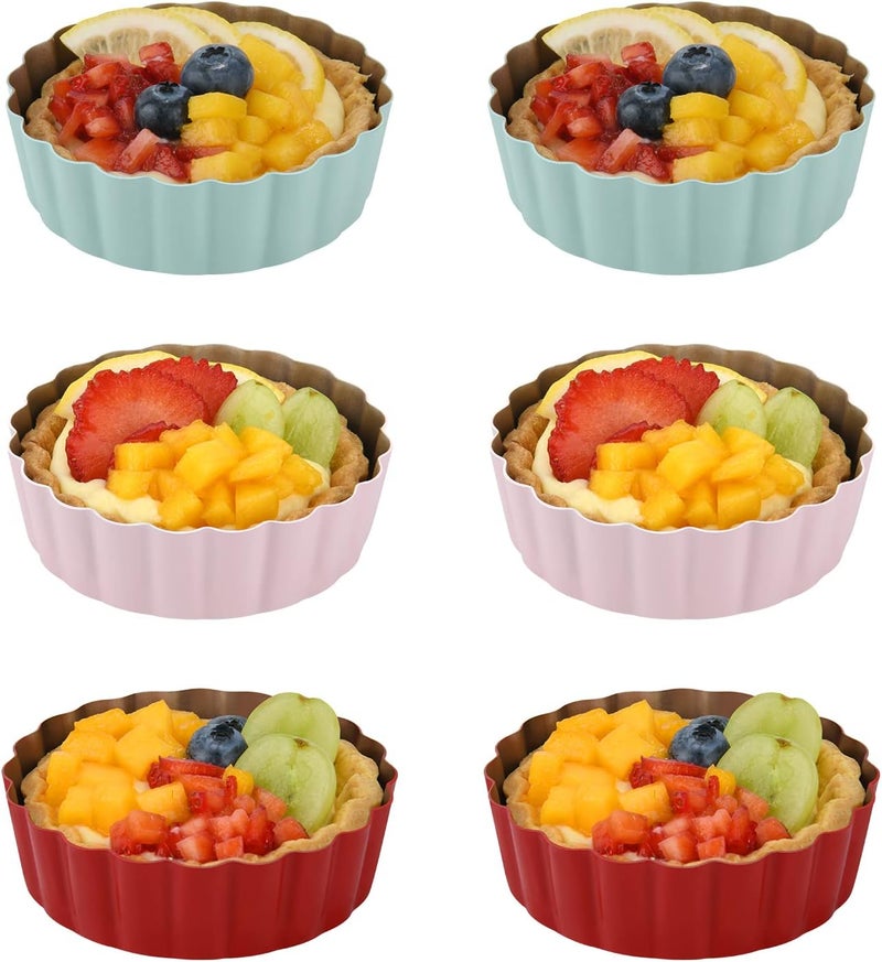 CGGYYZ Mini Round Tart Pan with Removable Bottom, Nonstick Mini Pie Pans for Baking, Carbon Steel Quiche Pan Set for Cupcake Muffin Cakes and Desserts, Including 6 Tart Pan and 1 Tart Tamper (Multicolor) - Image 1