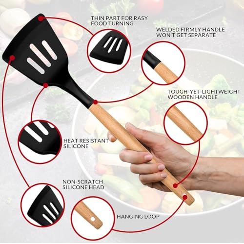 KRESHU Kitchen Utensils Set of 12, Silicone Cooking Utensils with Holder| Non-Stick Cookware Friendly & Heat Resistant, Includes Spatula Tong Whisk Ladle Brush Slotted Turner Spoon (Black) - Image 4