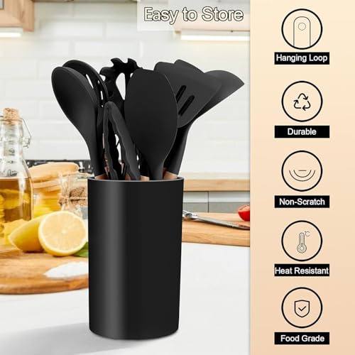 KRESHU Kitchen Utensils Set of 12, Silicone Cooking Utensils with Holder| Non-Stick Cookware Friendly & Heat Resistant, Includes Spatula Tong Whisk Ladle Brush Slotted Turner Spoon (Black) - Image 3
