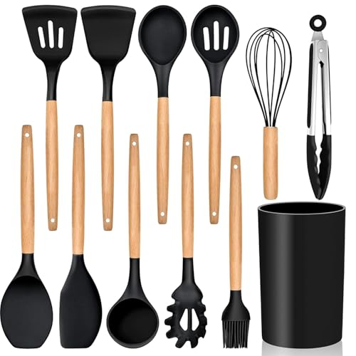 KRESHU Kitchen Utensils Set of 12, Silicone Cooking Utensils with Holder| Non-Stick Cookware Friendly & Heat Resistant, Includes Spatula Tong Whisk Ladle Brush Slotted Turner Spoon (Black) - Image 1