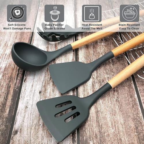 KRESHU Kitchen Utensils Set of 12, Silicone Cooking Utensils with Holder| Non-Stick Cookware Friendly & Heat Resistant, Includes Spatula Tong Whisk Ladle Brush Slotted Turner Spoon (Black) - Image 5
